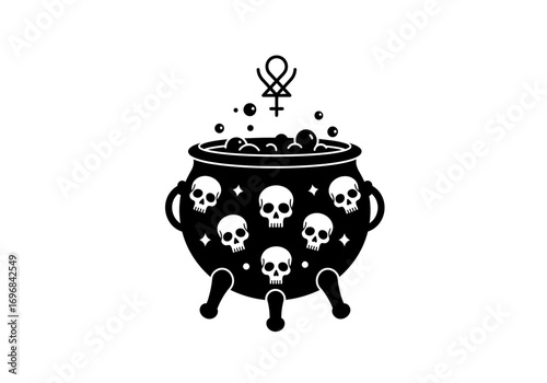 Black Cauldron with Skulls and Alchemical Symbol.