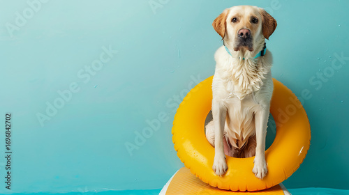 Joyful golden retriever dog sits on a surfboard with a yellow float