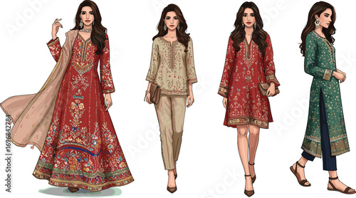 South Asian fashion illustration, ethnic wear, embroidered outfits, traditional women style, festive attire, cultural elegance, vector design