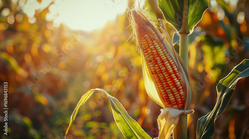 Golden sunlight illuminates ripe corn cob ready for harvest in field