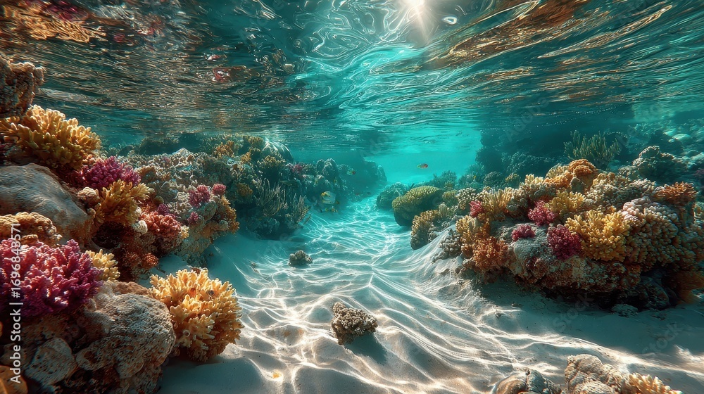 Naklejka premium Underwater scenery featuring a Vibrant Coral Reef and Various Fish swimming at Daytime, Sun Rays penetrating the Surface