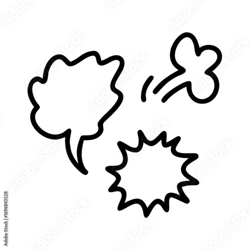 Outline drawing of three comic style speech bubbles