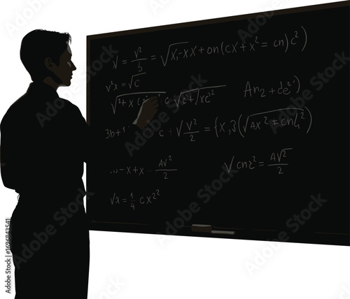 Silhouette of male teacher writing complex mathematical equations on blackboard, education concept, math lesson, classroom learning, study.