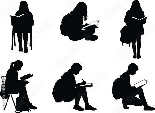 Student silhouettes, reading, writing, sitting, cross-legged, backpacks, education, school, posture, academic, concentration, learning, lifestyle, behavior, youth, notebook, mobile, chair, study