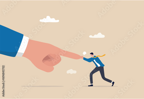 Conflict against boss or employer, david and goliath, fight against super power people, challenge and ambition to do right thing, brave businessman fight and keep pushing against giant business hand.