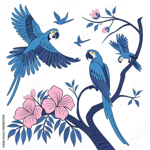 Four Blue Macaws and Small Birds on a Branch with Pink Flowers parrot flying