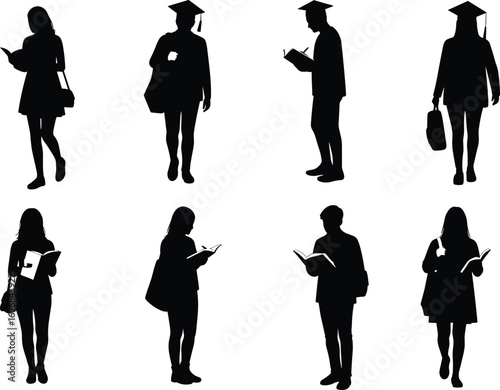 Student silhouettes, reading, writing, standing, graduation, cap, backpack, education, school, academic, concentration, learning, lifestyle, behavior, youth, university, thesis, book, study
