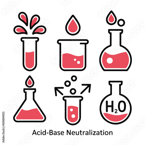 Set of six chemical laboratory glassware icons illustrating acid base neutralization reactions with red liquid and bubbles