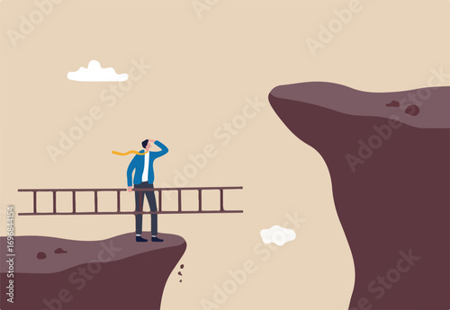 Solution to solve problem, motivation for business growth, improvement or brave to overcome difficulty or obstacle concept, confidence businessman holding ladder about to climb cross to higher cliff. 