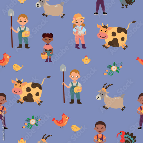 Farm Animals and Children Seamless Pattern. Design for fabric, textile, wallpaper, packaging, for children.