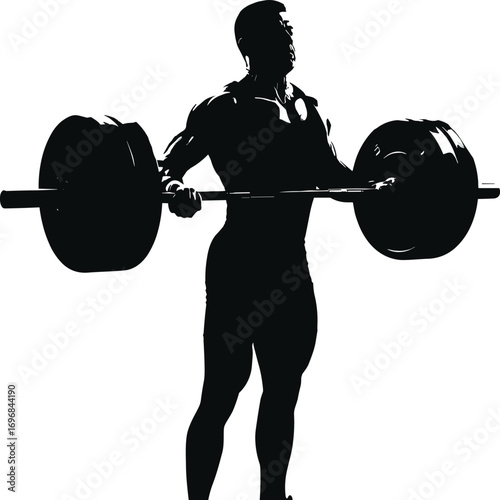 Silhouette of muscular man lifting heavy barbell, fitness vector illustration, strength training concept, bodybuilding pose in black and white