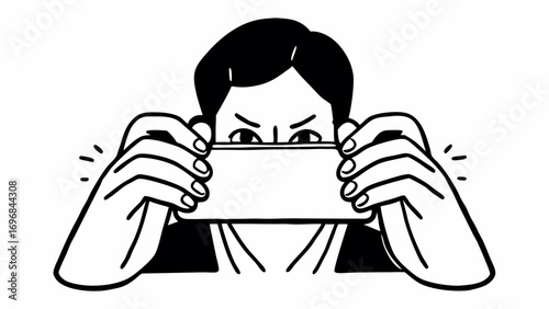 Person holding a horizontal smartphone hides their face while secretly recording content.