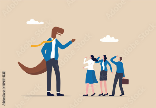 Corporate dinosaur, outdated boss refusing to change anything, bad leader or office ancient problem concept, funny dinosaur raptor businessman senior management talking with colleagues in the office.