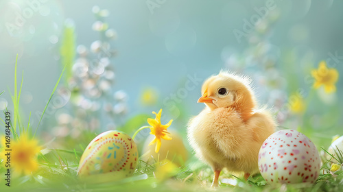 Adorable fluffy chick with painted Easter eggs in a vibrant spring meadow