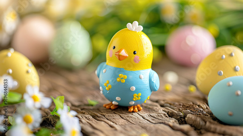 Adorable Easter chick figurine surrounded by pastel decorated eggs on rustic wood