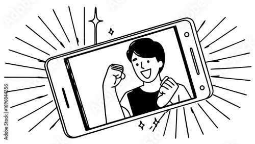 Excited man on phone screen with radiating lines