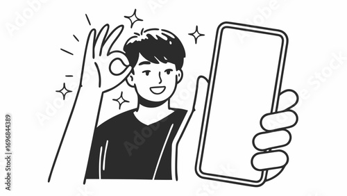 A smiling man shows the okay gesture while presenting a large blank smartphone screen.