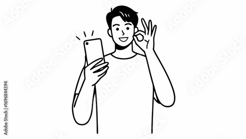 Man taking a selfie with ok hand gesture outline