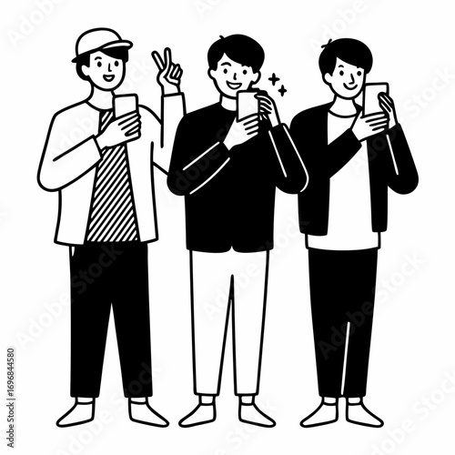 Three young men taking selfies with their phones