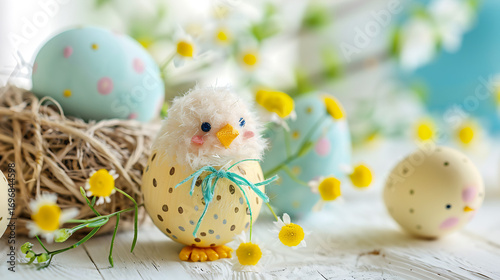 Adorable chick decoration with painted Easter eggs and daisies, spring celebration
