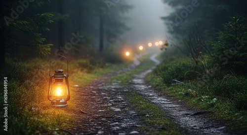 Fototapeta Naklejka Na Ścianę i Meble -  Mysterious forest path illuminated by lanterns
