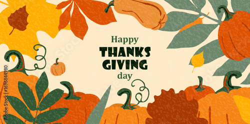 Thanksgiving vector background with autumn leaves and pumpkins. American holiday greeting colorful banner with textured effect, copy space at the center. Modern flat thankful promotion, sale design