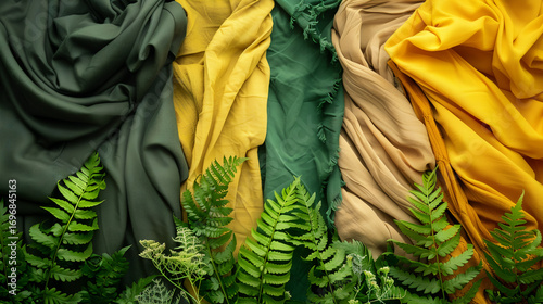 Rich fabric textures in earthy tones with vibrant green fern accents