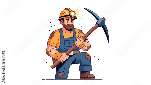 Mining Laborer with Pickaxe: A sturdy illustration of a hardworking miner, kneeling with a pickaxe, the image captures his determination and the essence of manual labor.