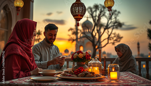 Family enjoys Iftar meal at sunset with mosque and lanterns