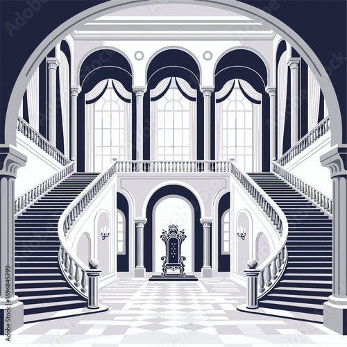 Magnificent grand staircase entrance hall with arched windows and elegant drapes