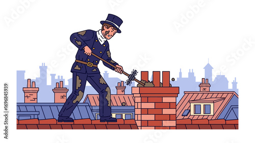 Chimney Sweep at Work: An illustration captures the classic image of a chimney sweep diligently cleaning a chimney, poised atop a rooftop with a cityscape as the backdrop.