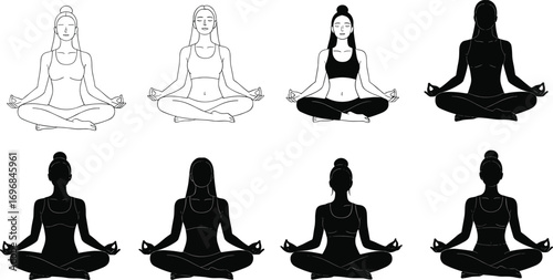 Yoga pose illustration, lotus position, meditation silhouette, line art, black vector women, wellness design, calm energy, spiritual practice