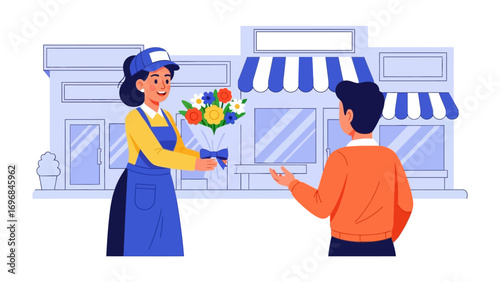 Floral Gift Transaction: Capturing the essence of commerce, a florist gracefully presents a vibrant floral bouquet to a pleased customer outside of shop, epitomizing moments of care and connection.