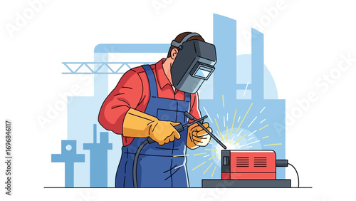 Welder in Action: A skilled welder is meticulously focused, safely welding metal in a workshop. Sparks fly as precision meets craftsmanship in this industrial setting.