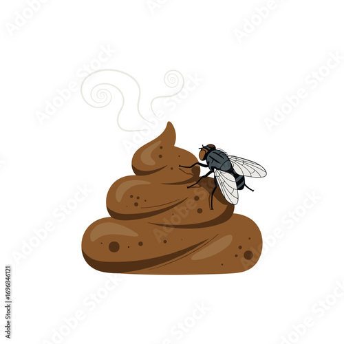 A realistic cartoon fly perched on a pile of steaming brown poop