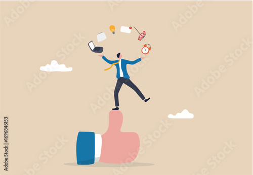 Skills set or competence and ability to success in work, career experience or knowledge for accountability, capability concept, qualified businessman juggling productivity objects on thumb up sign. 