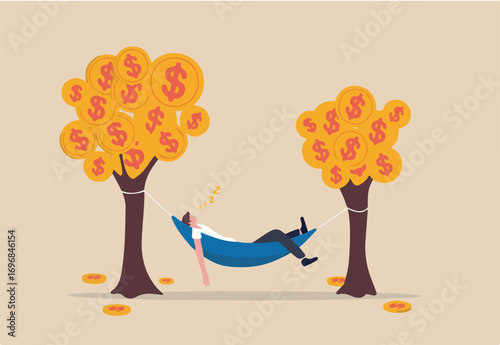 Passive income, earning with no effort by make profit or dividend from investment and achieve financial freedom concept, happy rich businessman sleeping in hammock tied on money tree with dollar coins
