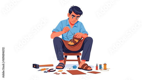 Artisan at Work: Capturing the essence of craftsmanship, a skilled artisan meticulously works on a leather sandal, reflecting precision and dedication. This image portrays the value of craftsmanship.