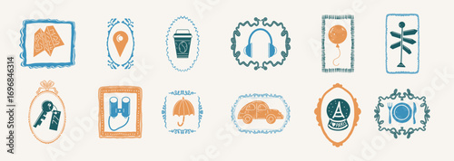 Ink drawn vector doodle in expressive freeform style. Perfect for websites, apps, posters. Travel themed set stamps 