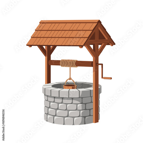 Old stone wishing well with wooden roof and crank water pumping mechanism
