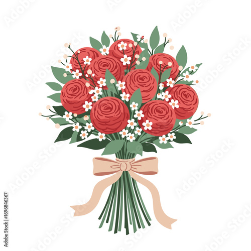 Beautiful red roses and white flowers tied with a bow for a special occasion or celebration