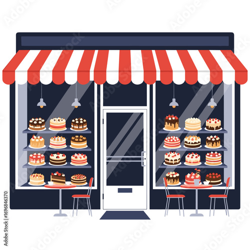 Charming bakery shop displaying delicious cakes and pastries for customers