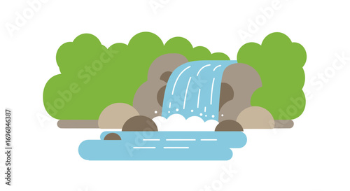 a serene waterfall cascading through rocks surrounded by lush green trees