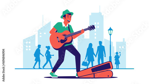 Melody of the Streets: A street musician serenades passersby with the strum of his guitar, his song weaving through the urban tapestry, a vibrant splash of art amidst the city's heartbeat. 