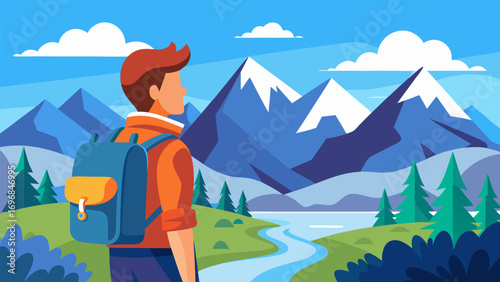 Man hiking through green valley looking at snowy mountain peaks and river under bright blue sky