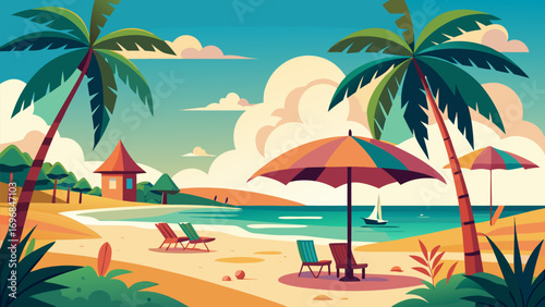 Tropical beach with palm trees, umbrellas, lounge chairs and sailboat on the sea under a sunny sky
