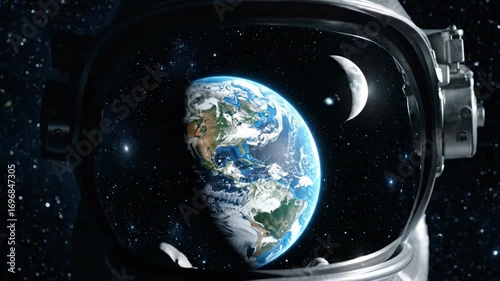 Astronaut helmet reflection of Earth and moon space cosmos with stars and galaxy universe creating stunning cosmic view full of wonder and exploration