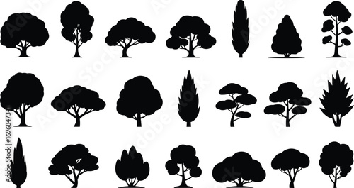 Collection of black tree silhouette vectors, deciduous and coniferous forest tree icons, landscape elements, park and nature clipart set.