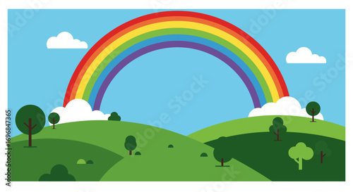 a vibrant rainbow arches over lush green hills under blue sky