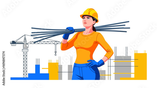 Construction Worker in Action: A focused female construction worker confidently carries steel rods.